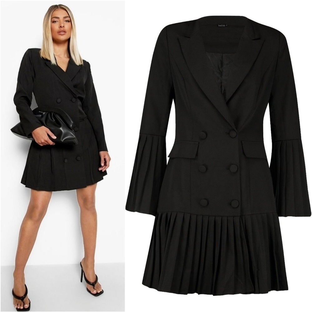 BLACK BELL SLEEVE PLEATED DOUBLE BREASTED COAT DRESS
